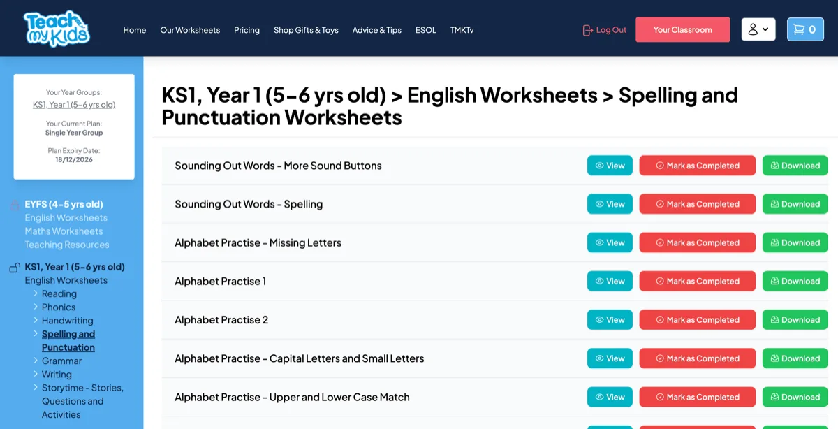 The Teach My Kids classroom set to Year 1 spelling and punctuation, listing worksheets with view, mark as done and download buttons.